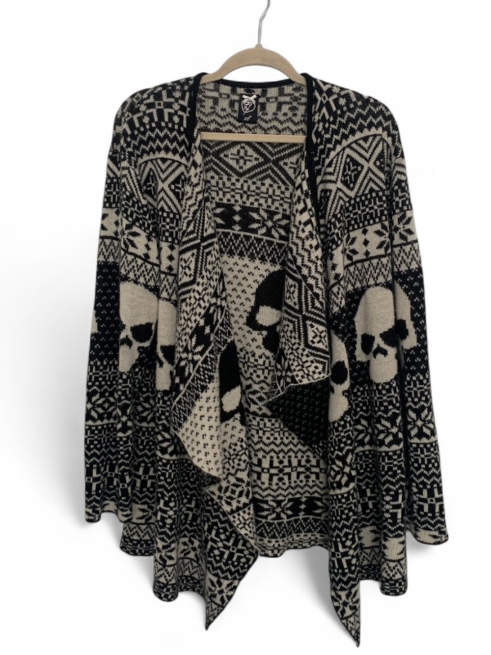 Iron Fist Black & Cream Skull Pattern Open Front Fair Isle Sweater Cardigan